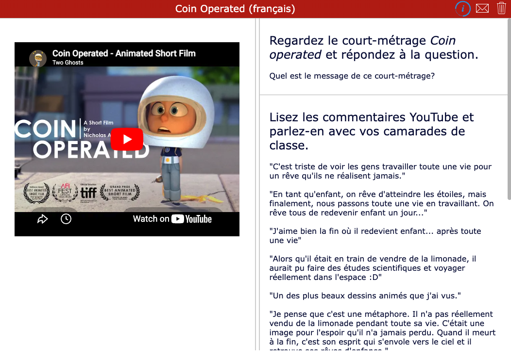 Courts métrages - Coin operated - activité de leçon sur les commentaires YouTube