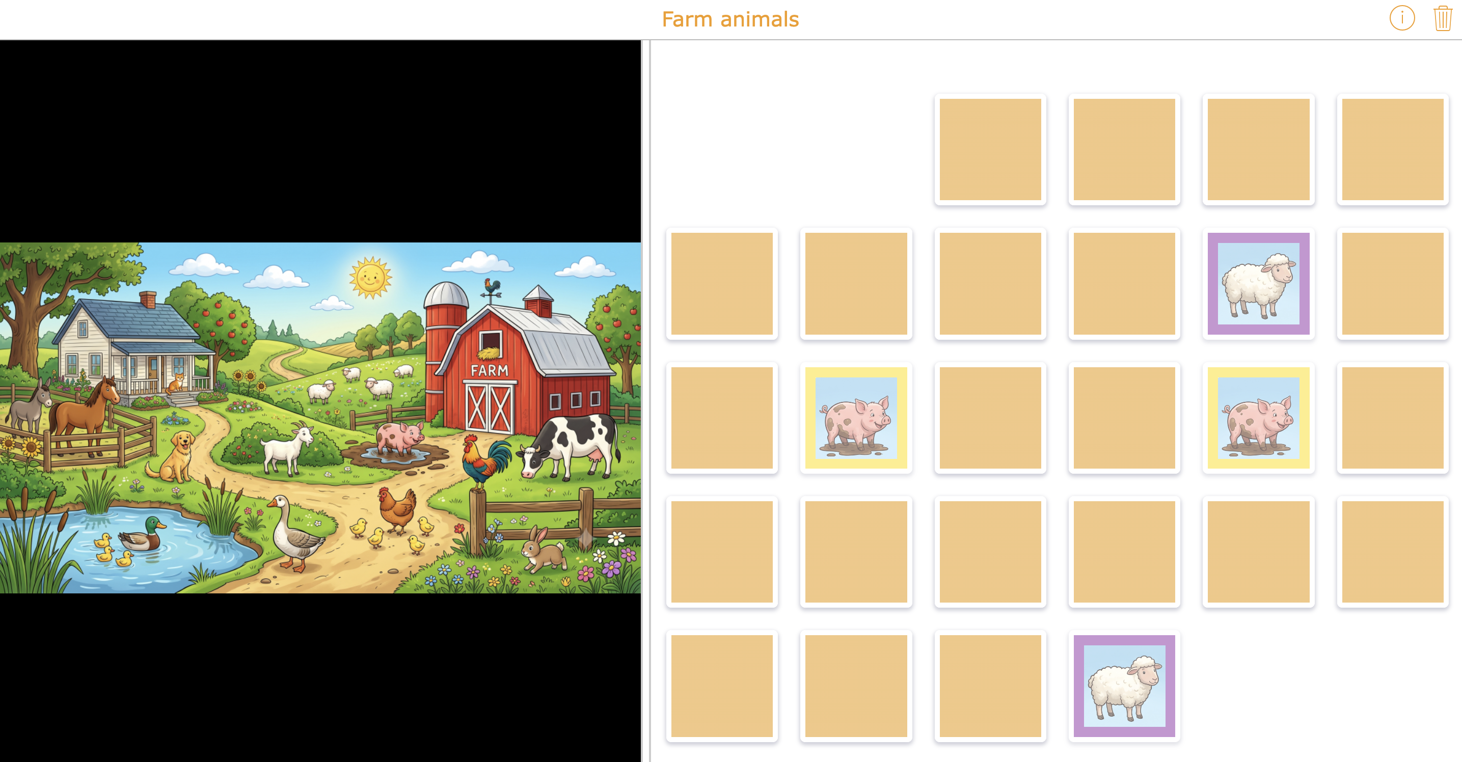 Memory game to discover and practice animal names