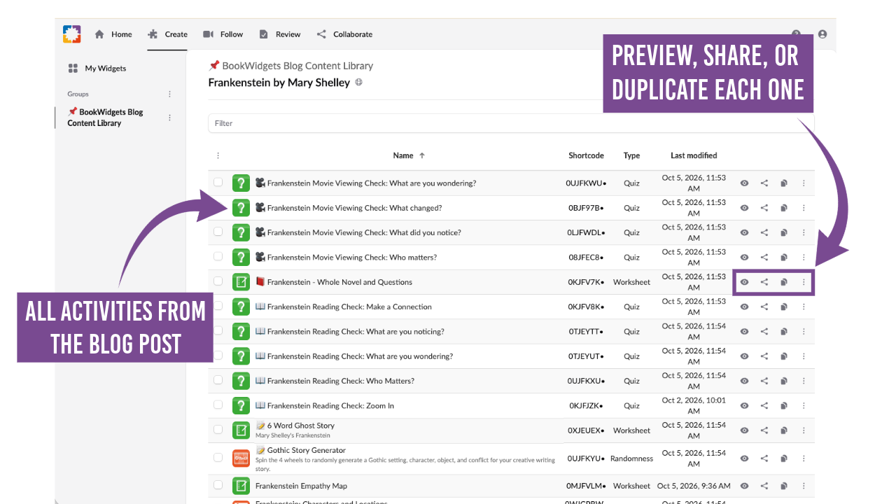Collection of Frankenstein activities in the BookWidgets Blog Content Library