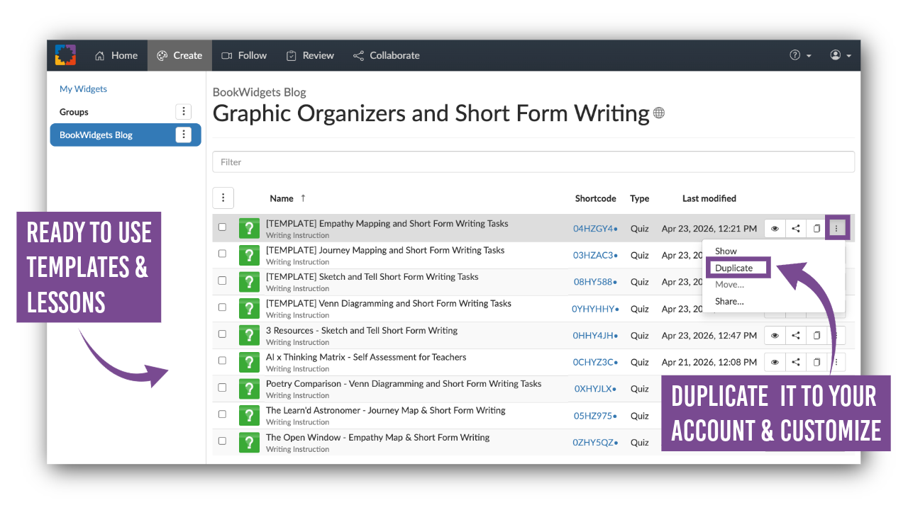 BookWidgets Folder of collection of ready to use templates and lessons