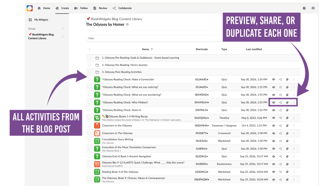 Collection of 40+ Odyssey activities in the BookWidgets Blog Content Library