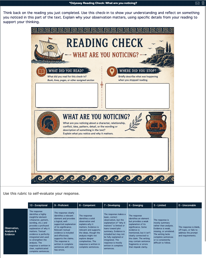 The Odyssey reading check asking students What Are You Noticing