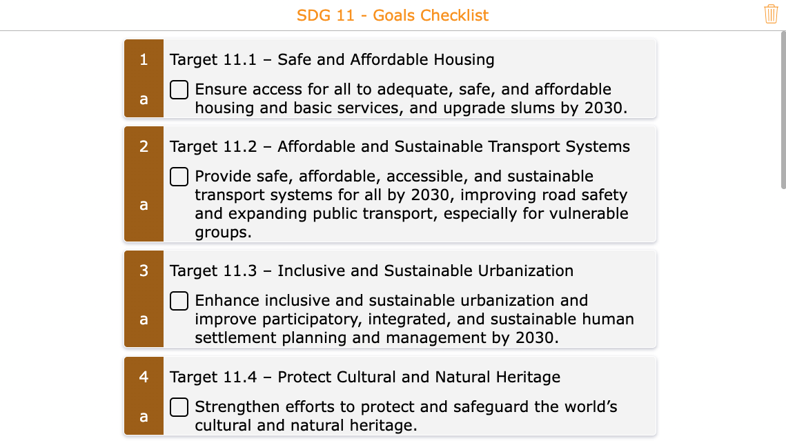 checklist with all the themes and target goals set for SDG 11