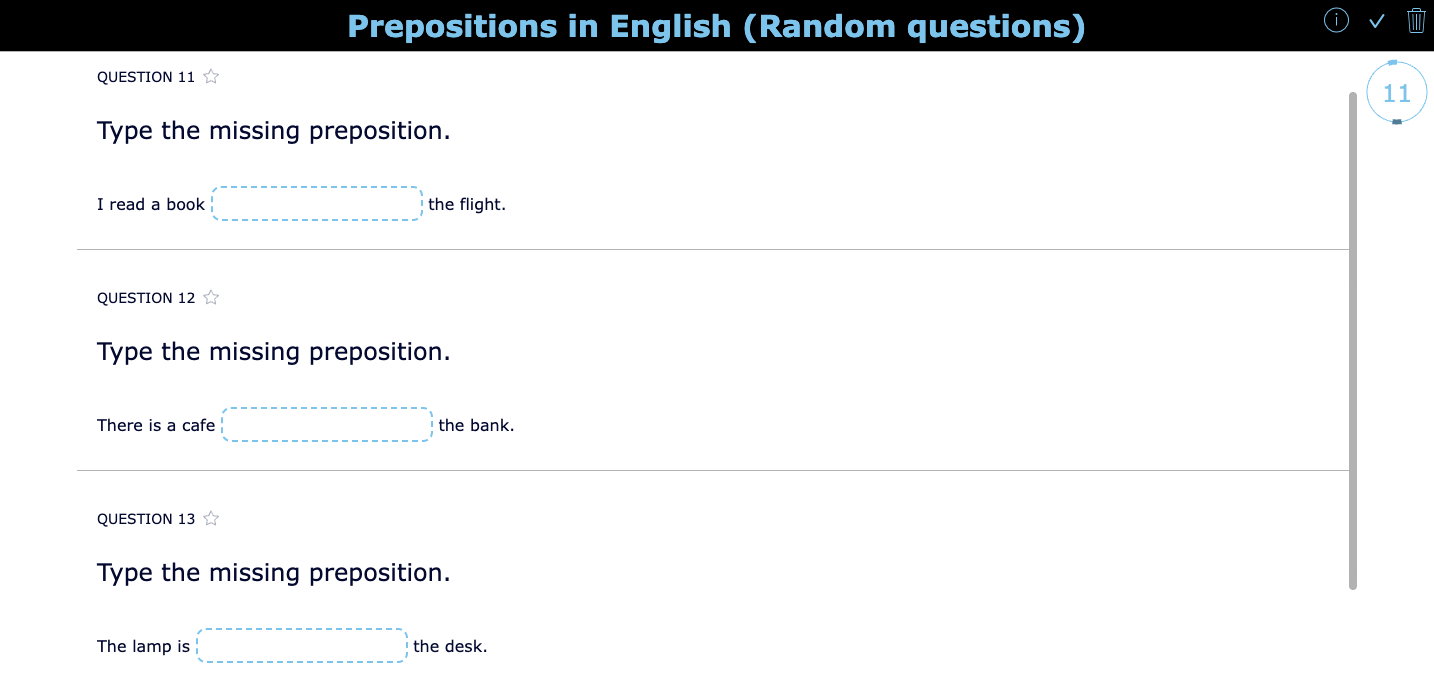 ESL Prepositions Quiz with random questions