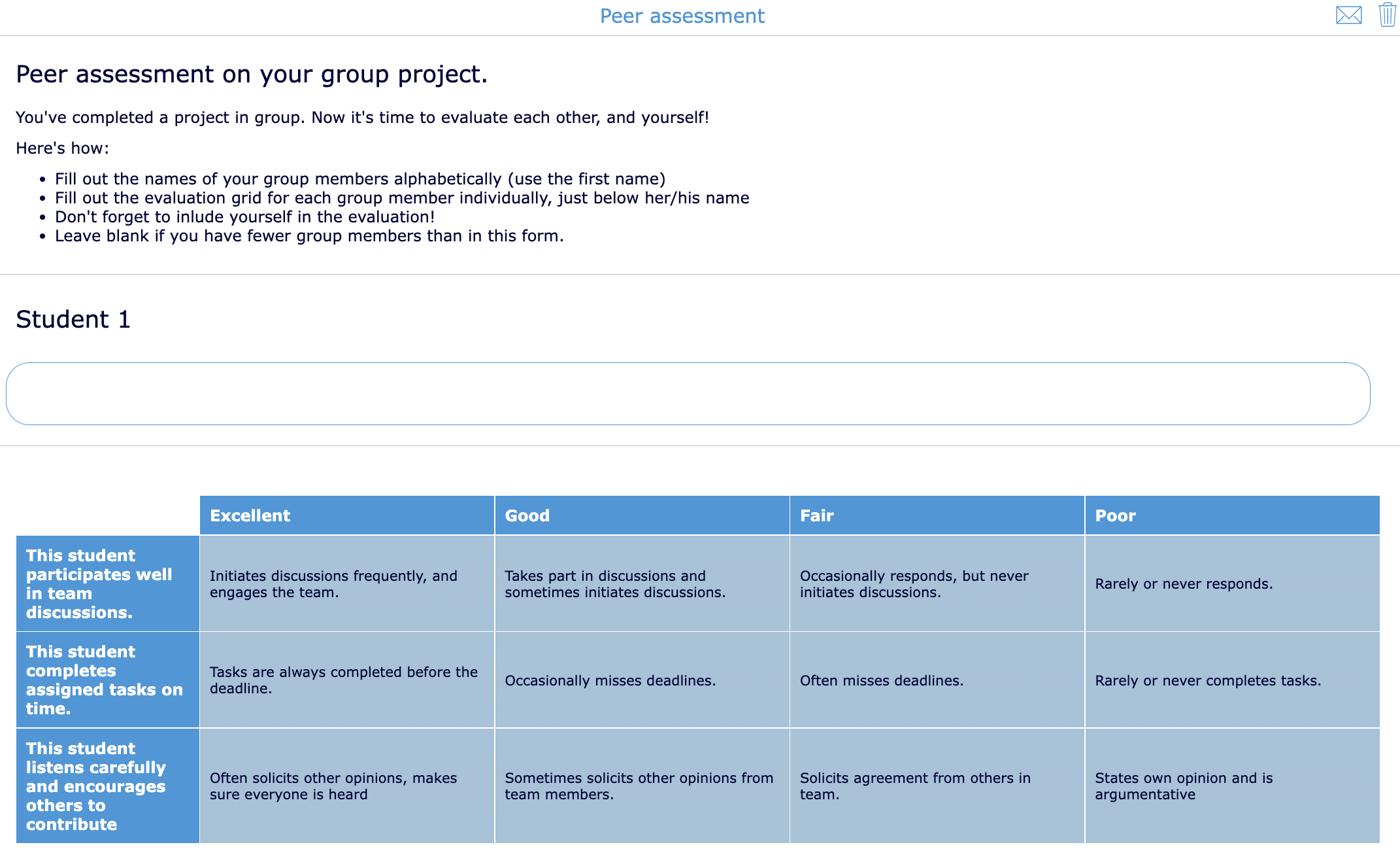 Example of a digital peer assessment rubric