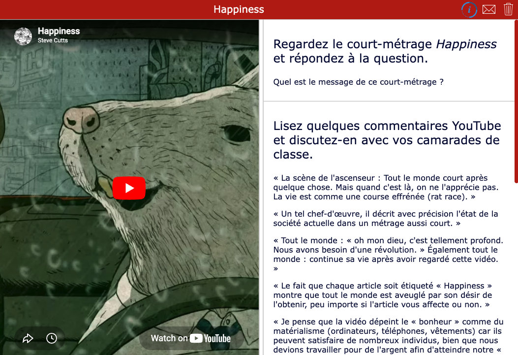 Courts métrages - Happiness - activité de leçon sur les commentaires YouTube