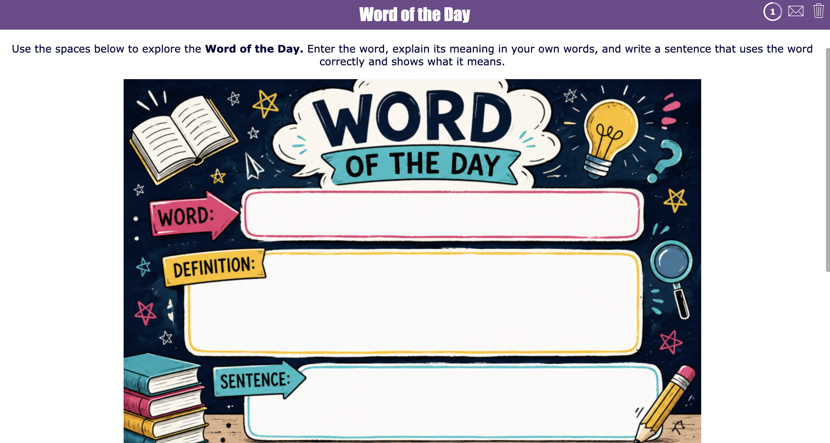 Word of the Day activity with a definition and example sentence