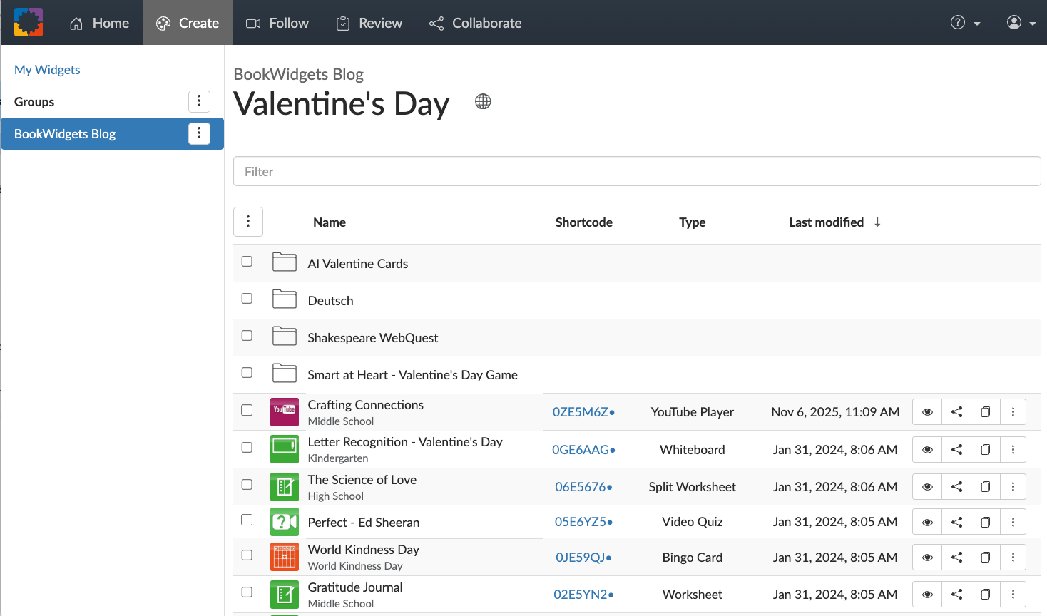 Valentine’s Day classroom activities and games collection created with BookWidgets for review and engagement