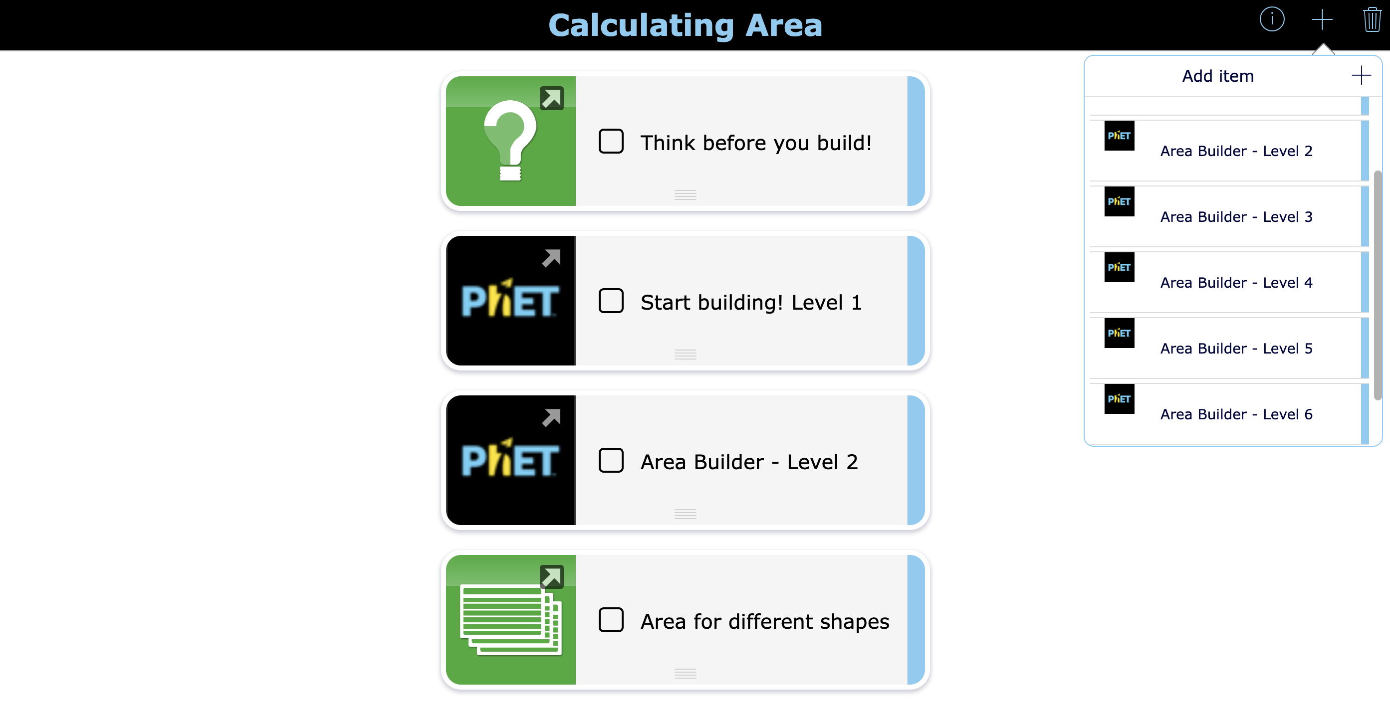 Lesson plan with PhET Science simulation about calculating area
