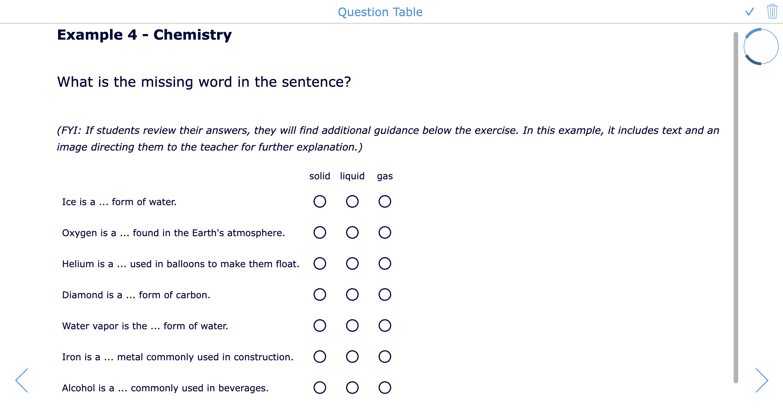Open the ready-to-use BookWidgets quiz with Question table question examples