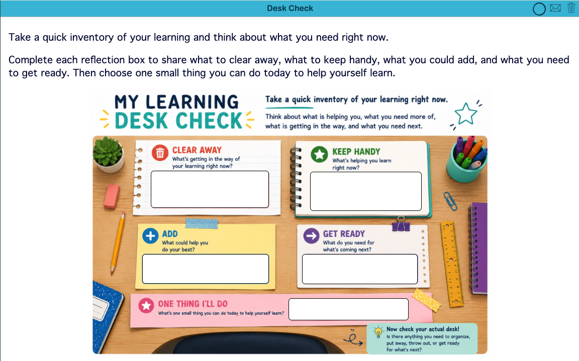 My Learning Desk Check SEL activity for elementary students