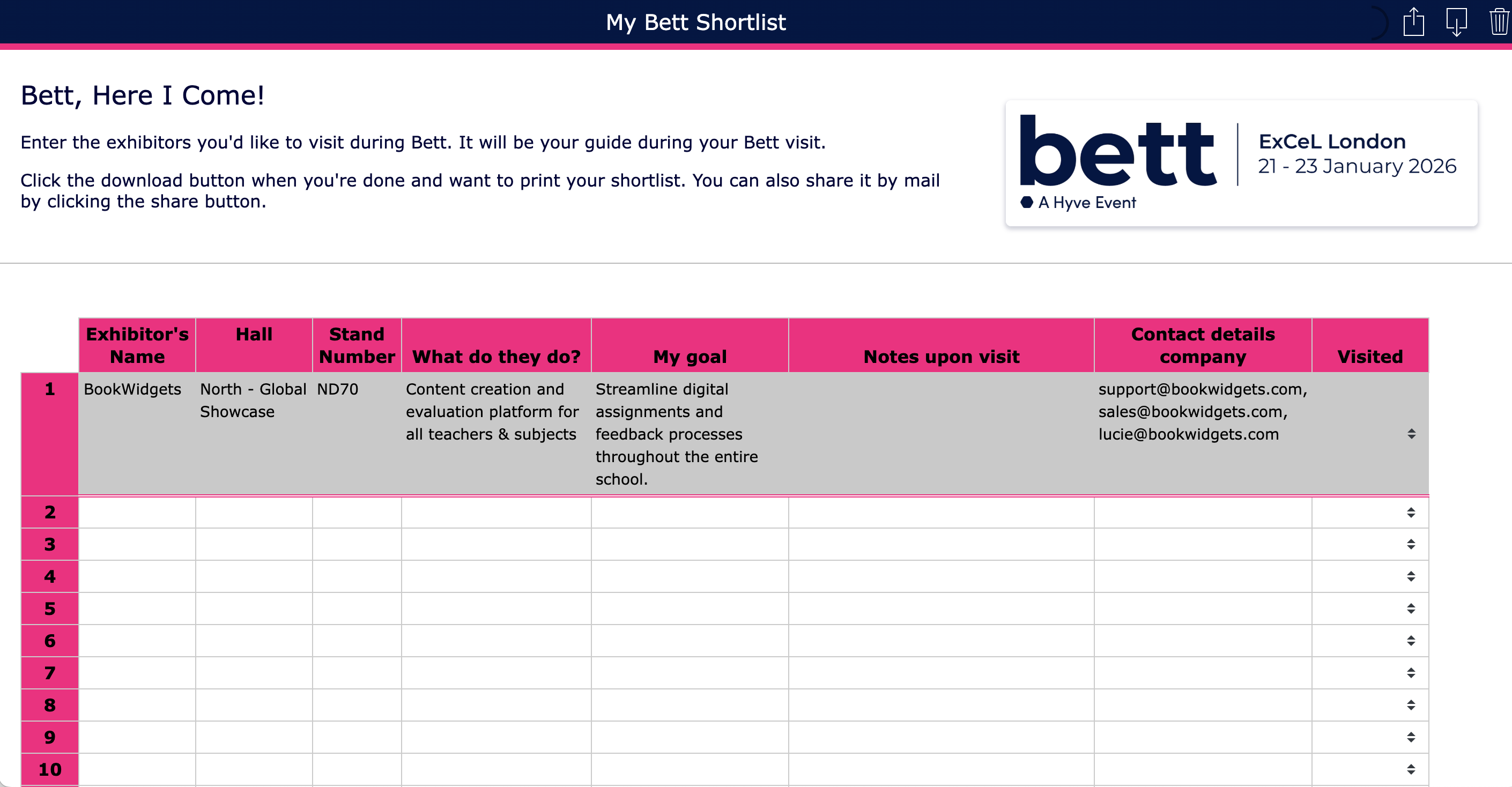 BookWidgets Shortlist Bett London)