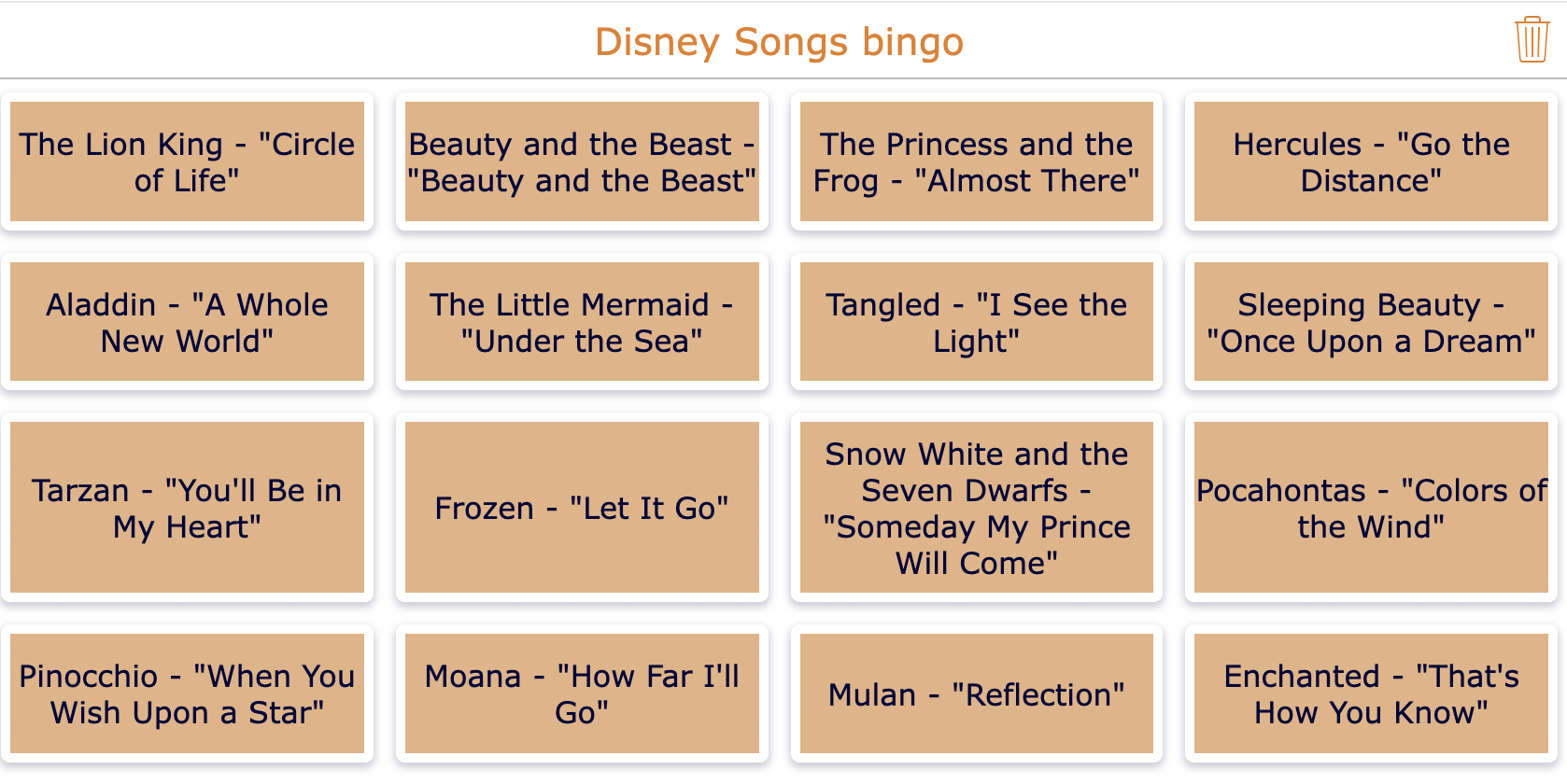 bingo-disney songs