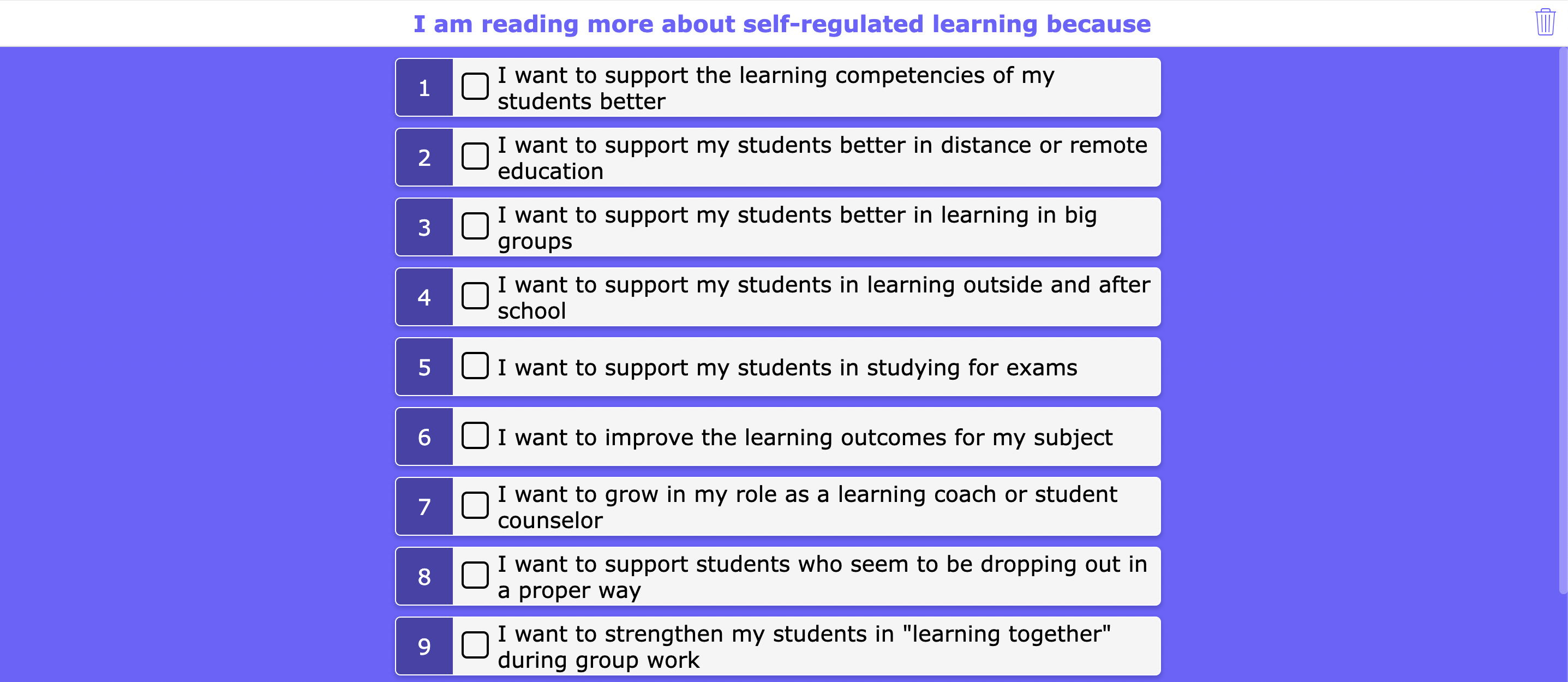 Checklist getting started with Self-regulated learning