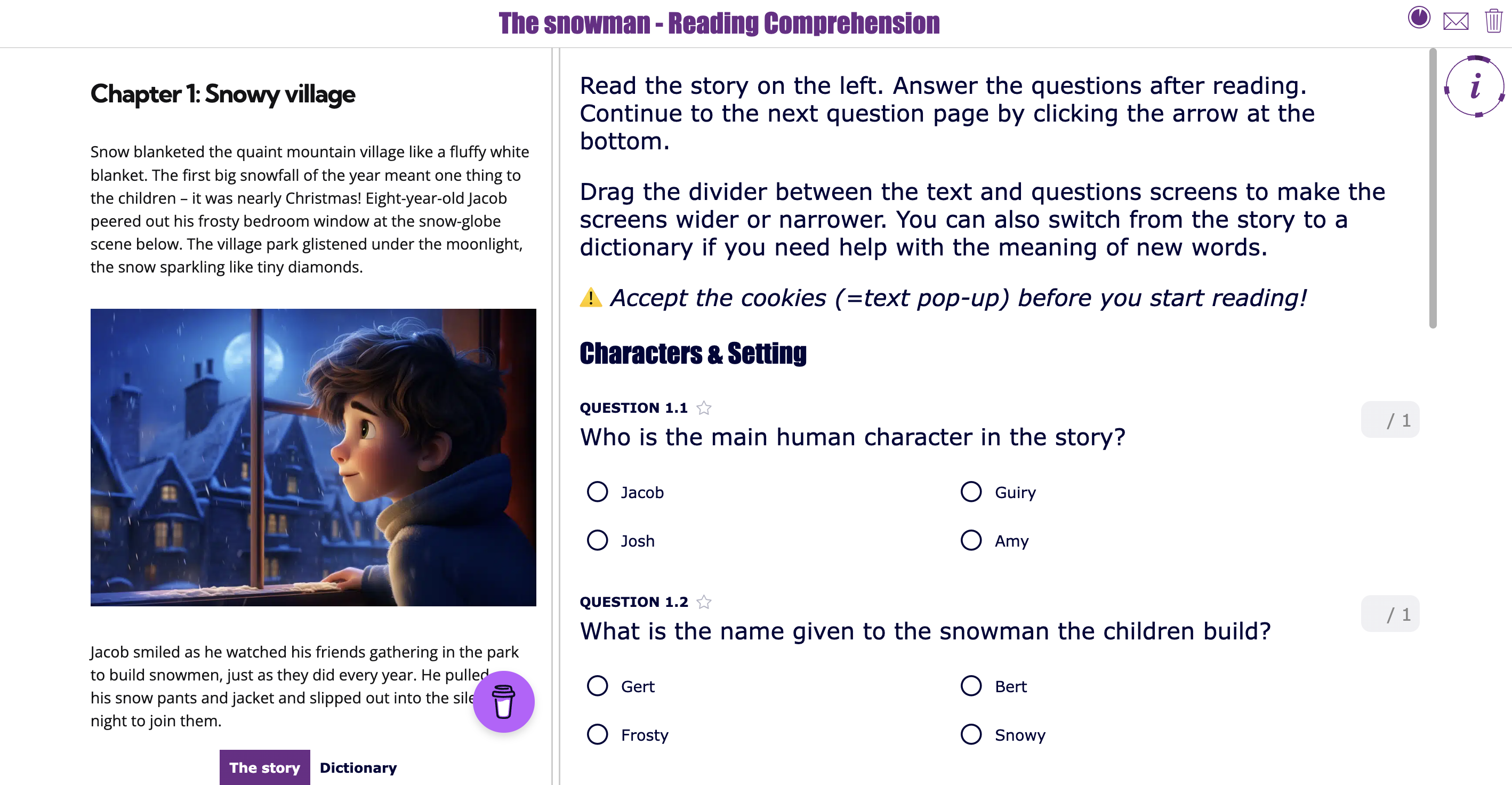 summative BookWidgets language exam with multiple sections