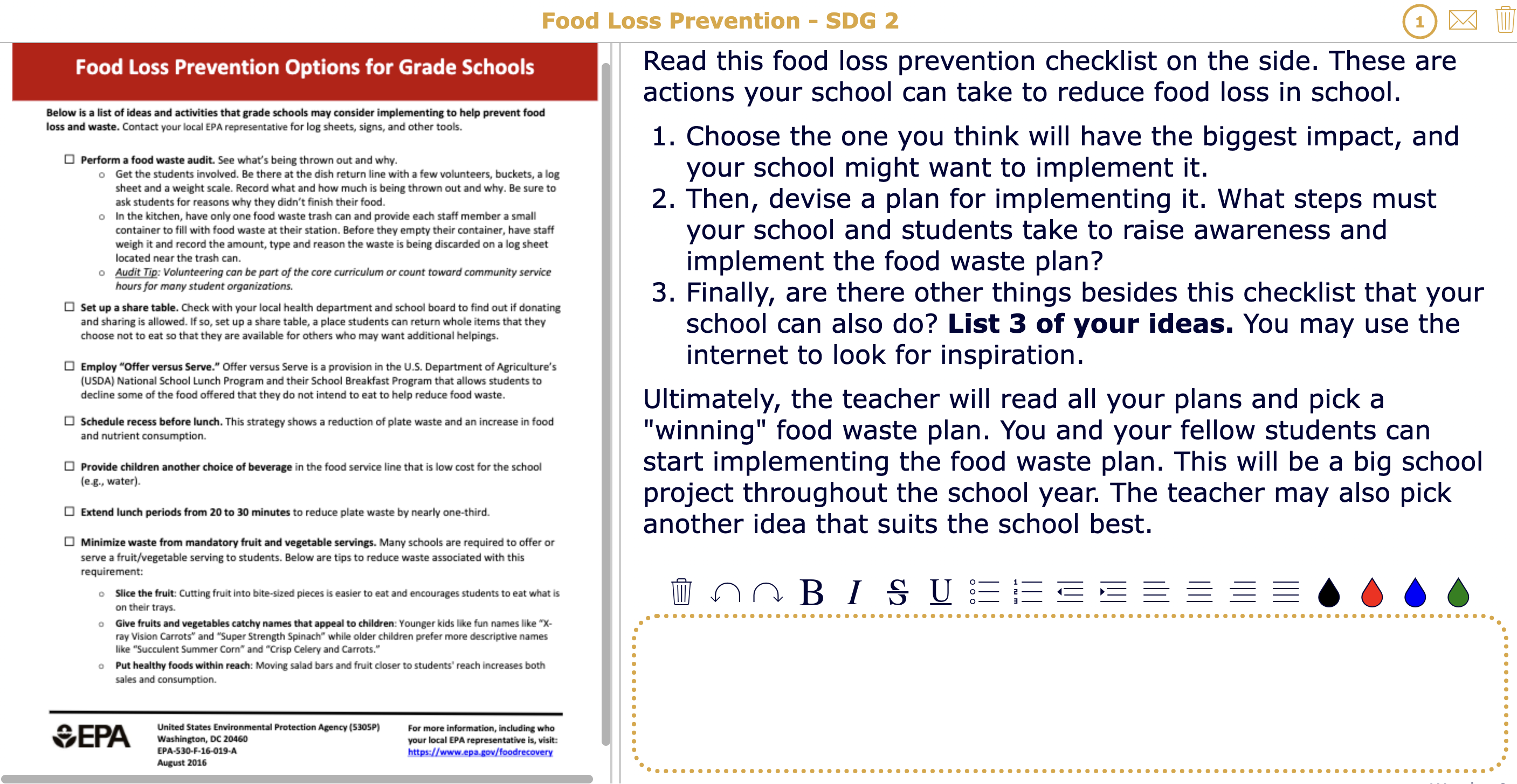 Food waste challenge in school SDG 2 - Zero Hunger