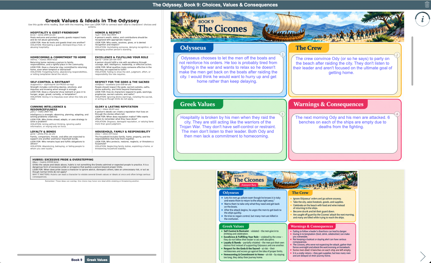 Sample student Book 9 graphic organizer with answer key shown in the rationale