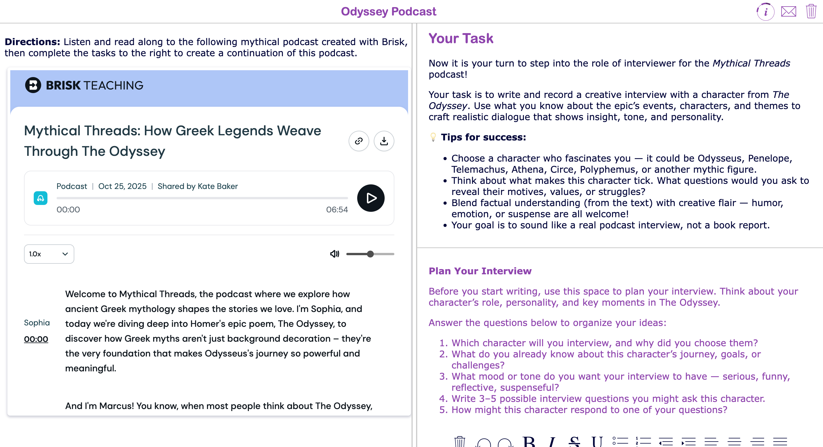 BookWidgets podcast interview activity to explore characters from The Odyssey