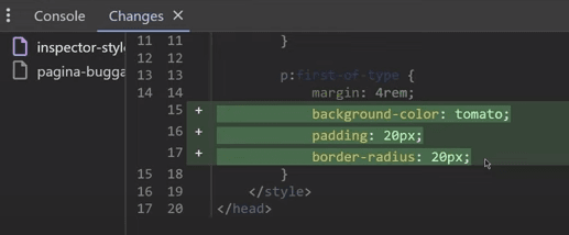 modifiche apportate al CSS in Chrome Dev Tools