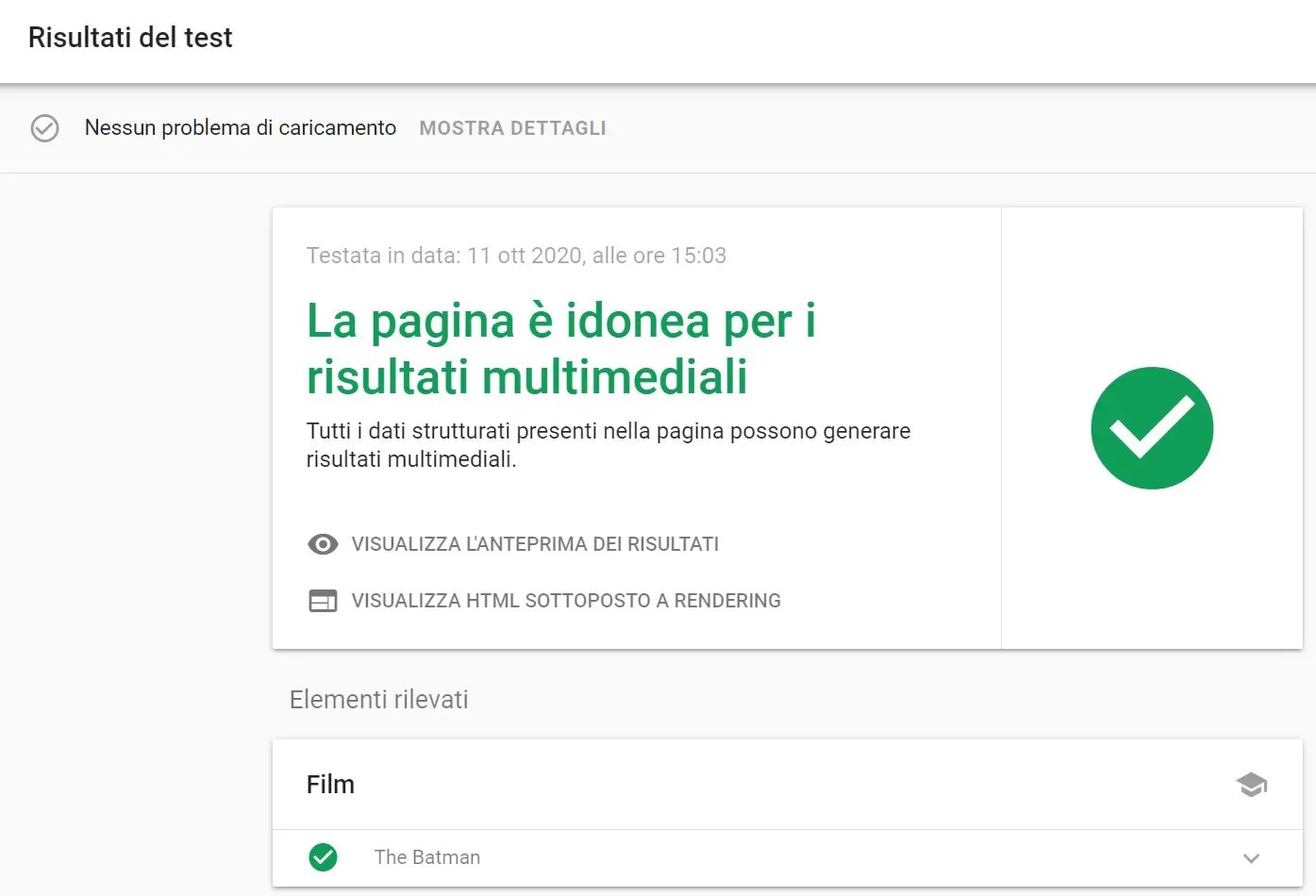 test dei dati strutturati con esito positivo