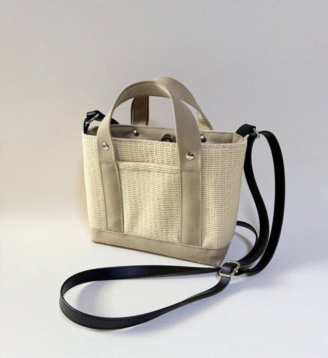【夏の2wayミニトートバッグ】かご風素材×帆布 ショルダー付き サンドベージュ