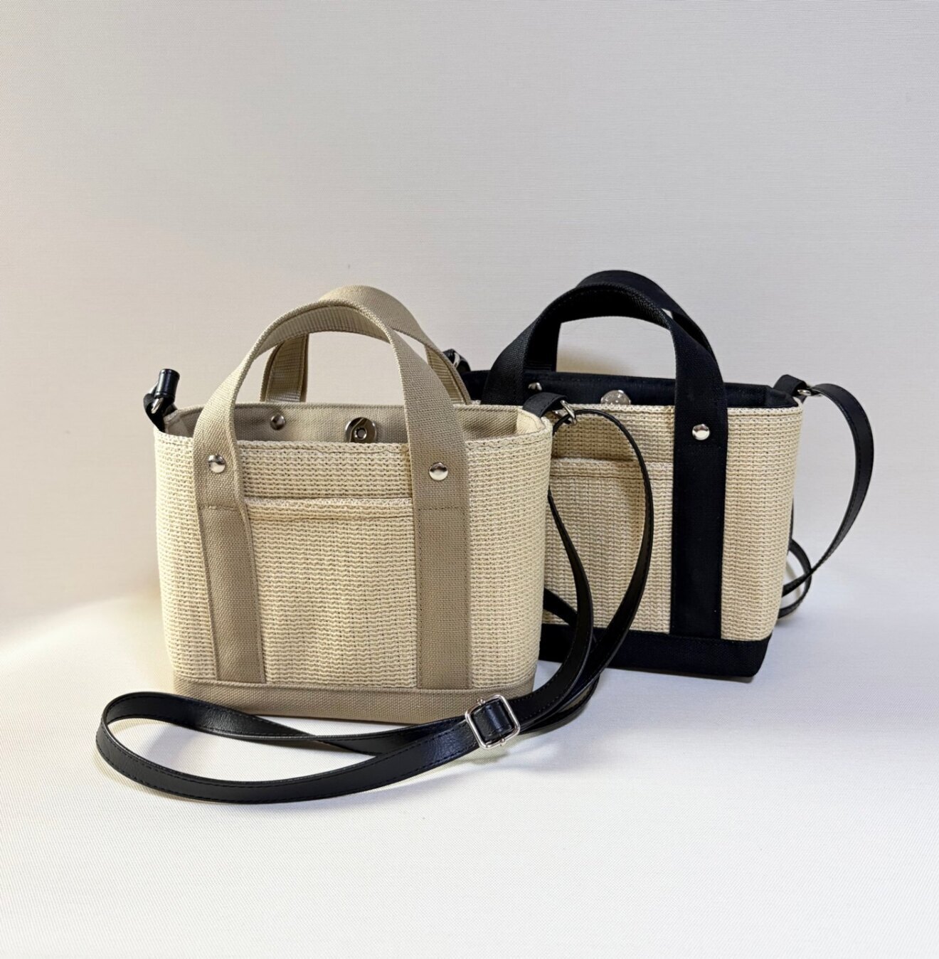 【夏の2wayミニトートバッグ】かご風素材×帆布 ショルダー付き サンドベージュ
