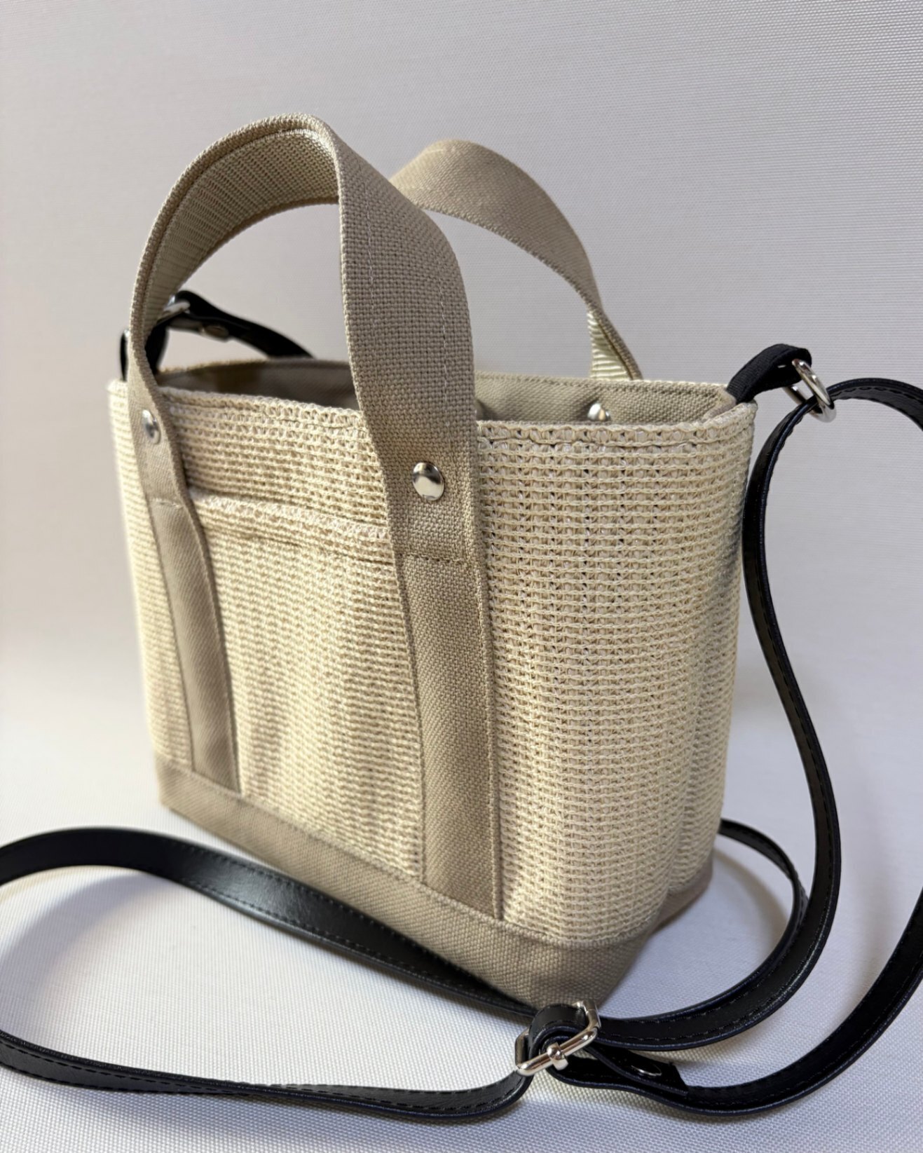 【夏の2wayミニトートバッグ】かご風素材×帆布 ショルダー付き サンドベージュ