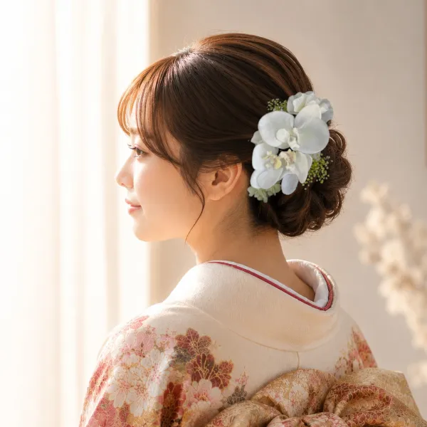 【新緑の髪飾り】　白い胡蝶蘭×かすみ草 
成人式・結婚式・和装・卒業式