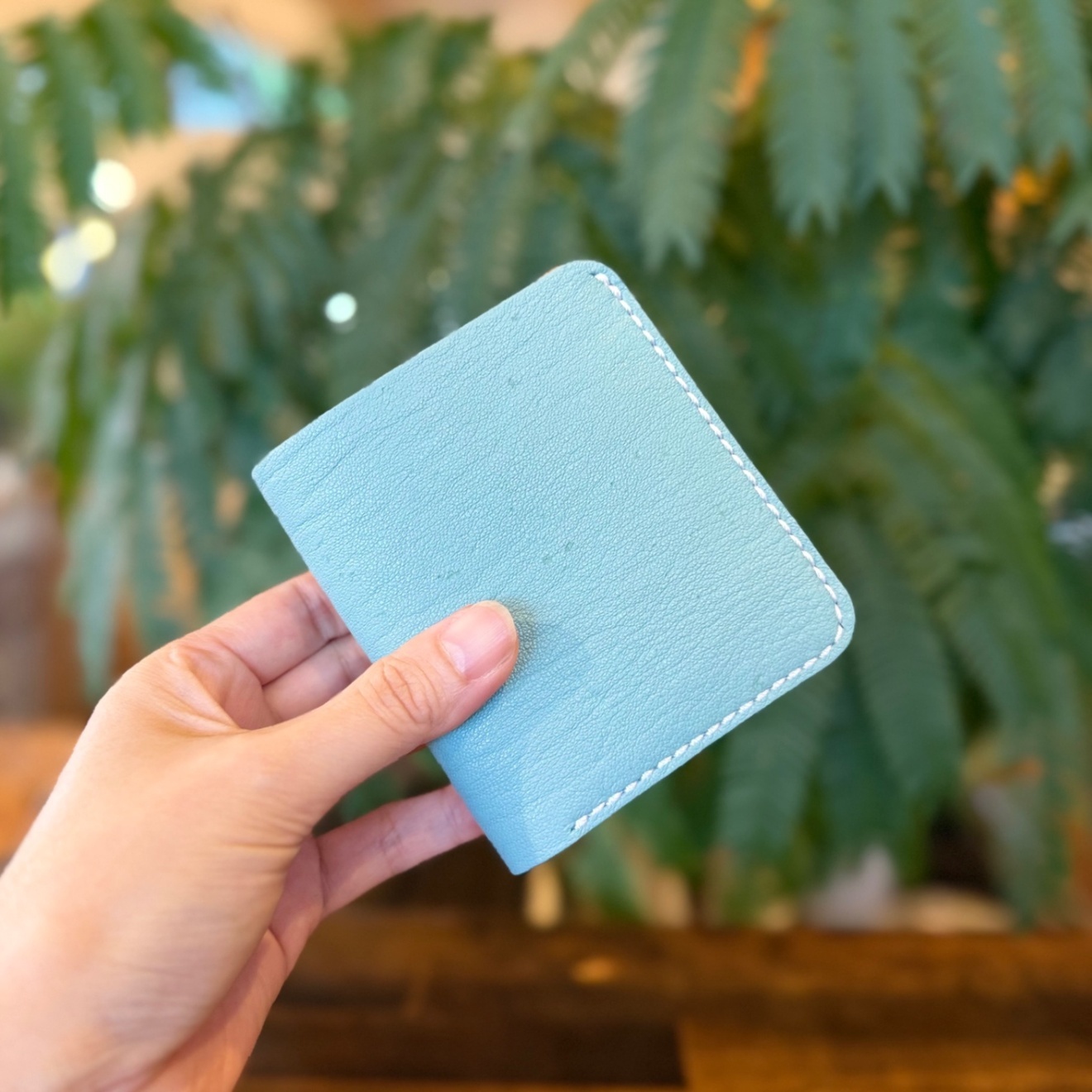 【屋久鹿革】家計管理Wallet／ターコイズ×ライトキャメル／カード2枚×コインケース／オス鹿首周り