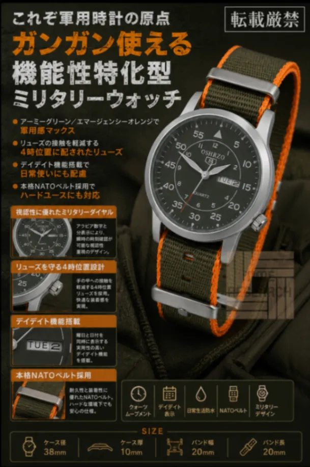 機能性特化型ミリタリー【デイデイト機能/新品】 カーキ文字盤/NATOベルト ①