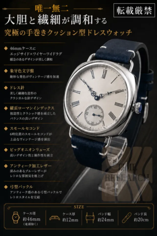 唯一無二の手巻きレトロクッションウォッチ【シーガル/新品】裏スケ 象牙色 ②