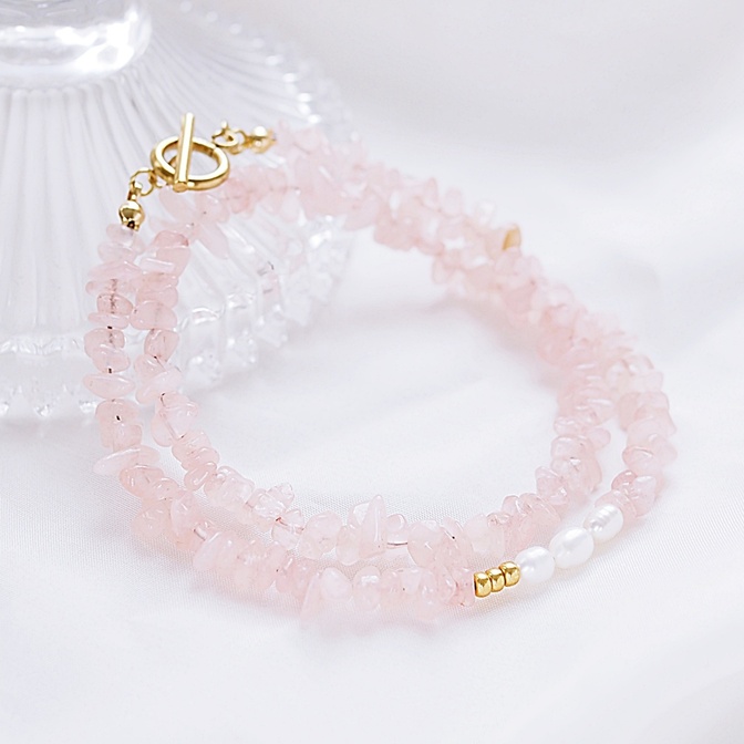 【金属アレルギー対応!】桜のようなやさしい春色＊天然ローズクォーツと淡水パールのマンテルネックレス