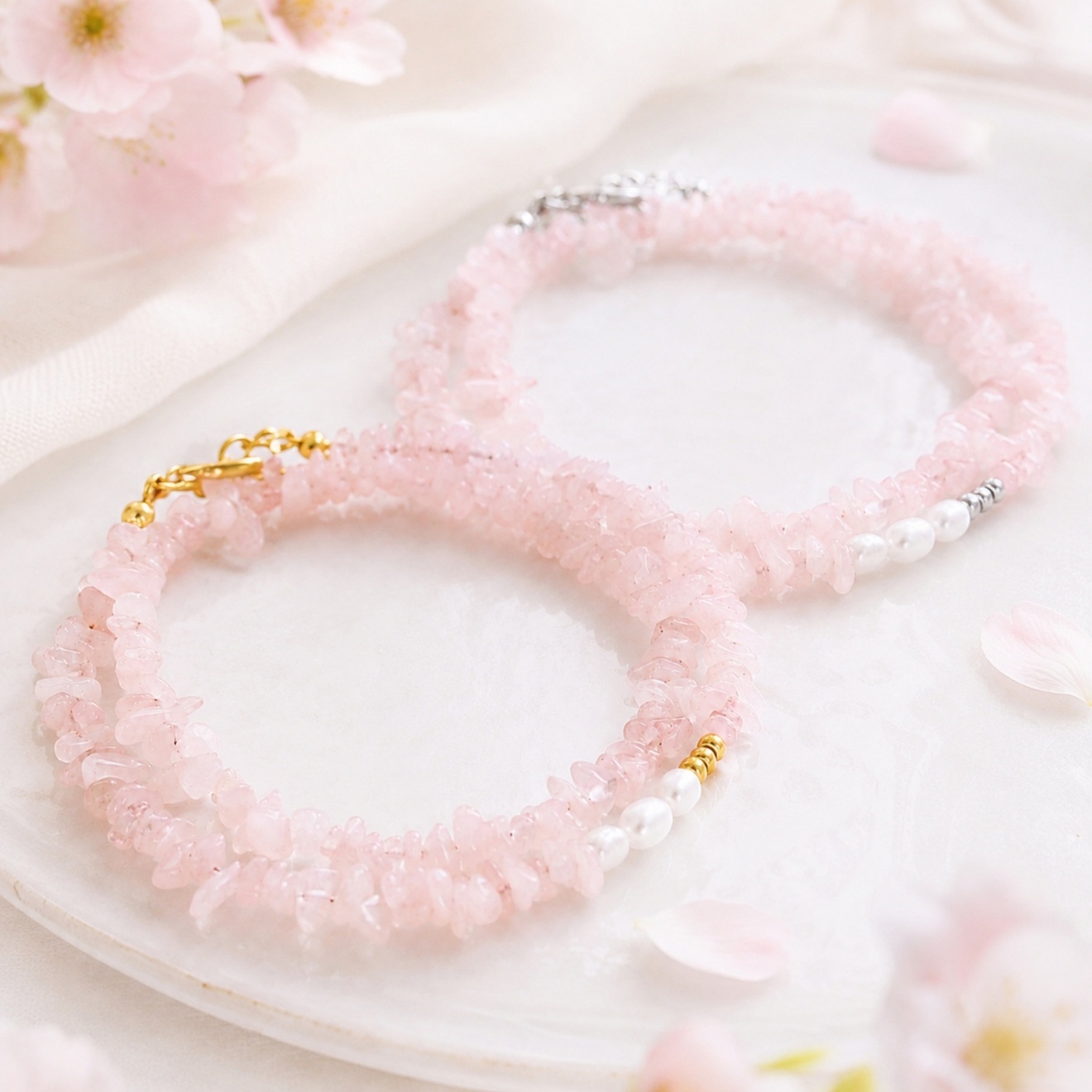 【金属アレルギー対応!】桜のようなやさしい春色＊天然ローズクォーツと淡水パールのマンテルネックレス