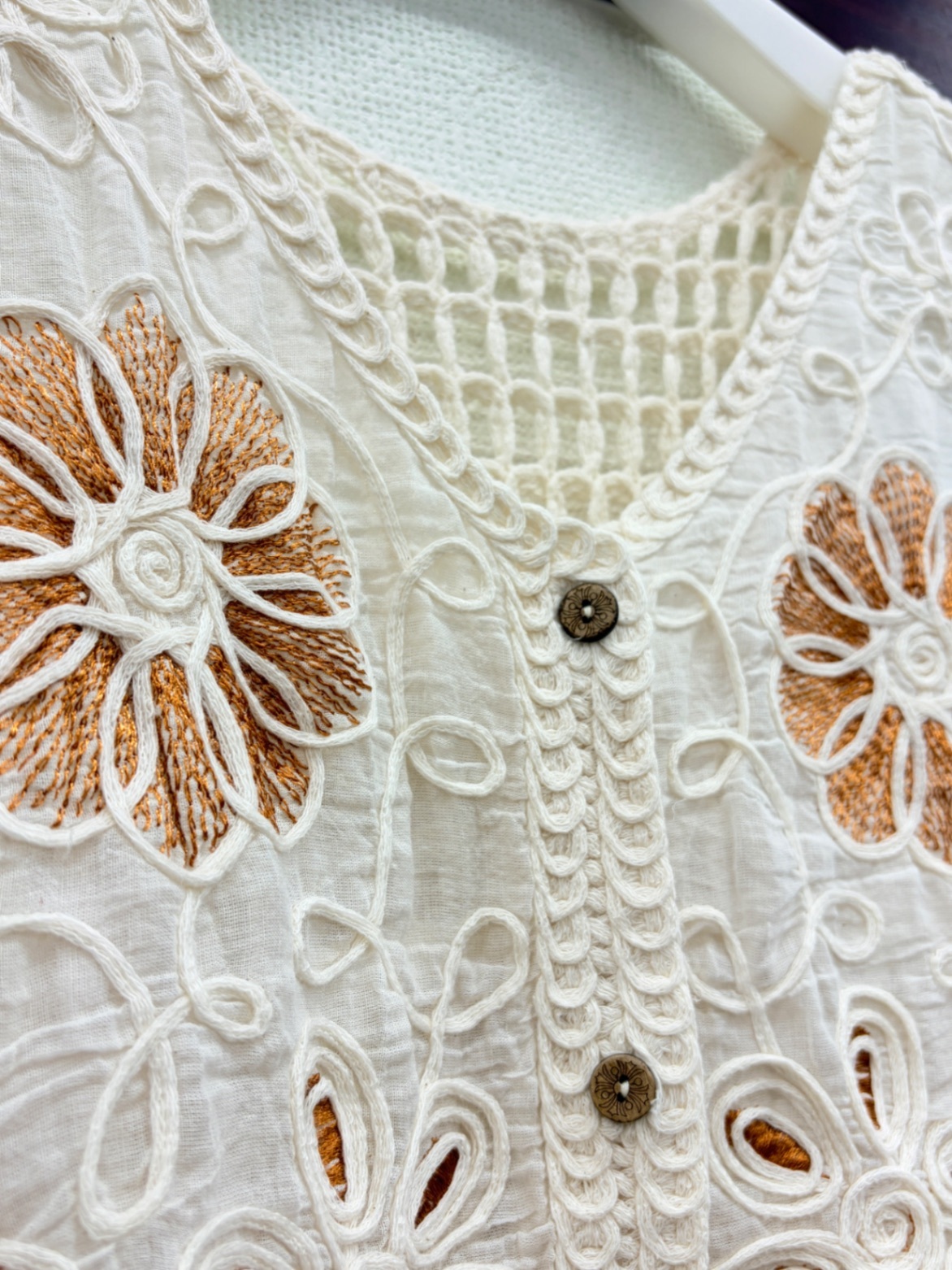 花刺繍×かぎ編みレイヤードベスト ナチュラル系 綿100% M〜L 小さめ