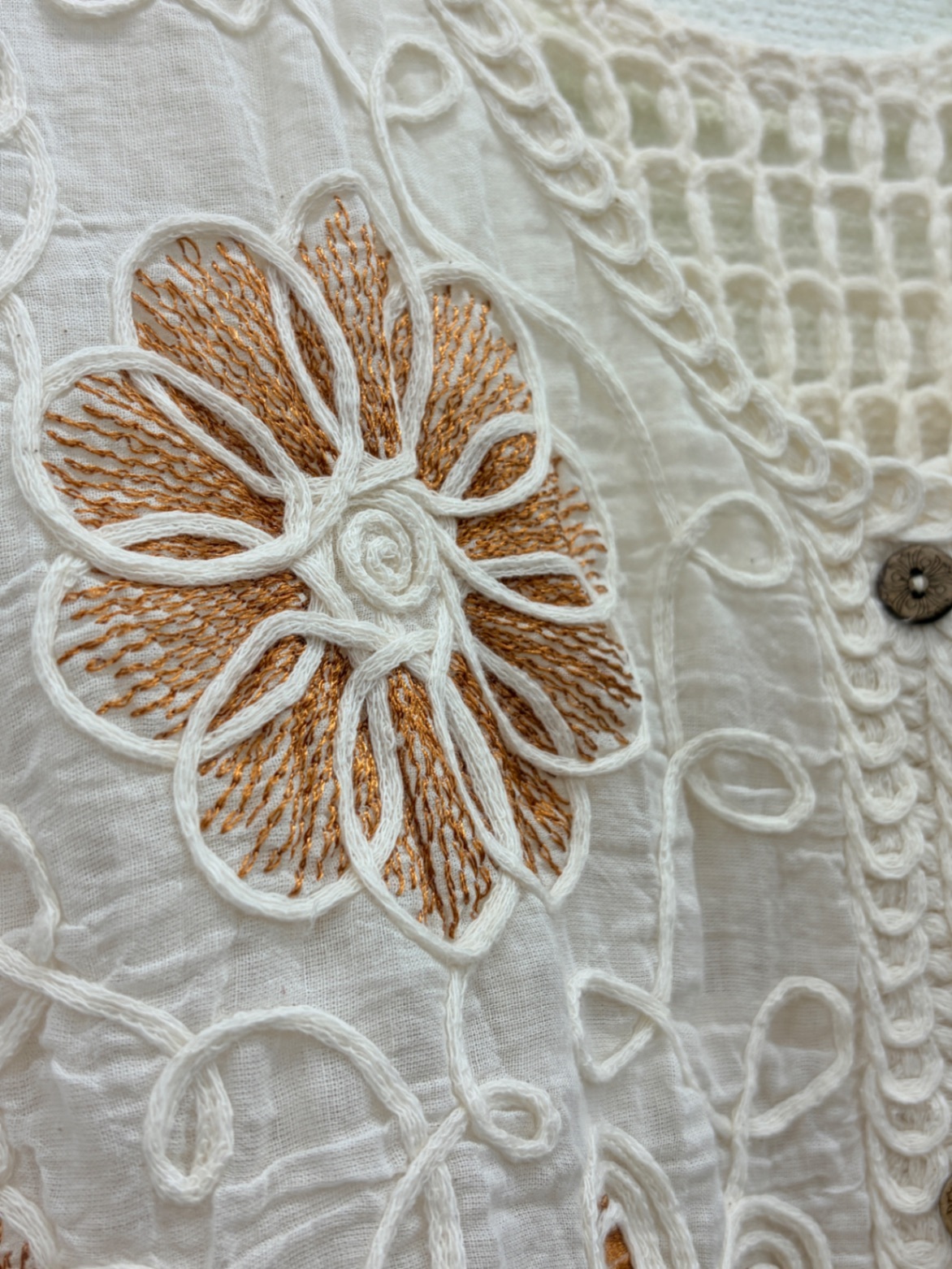 花刺繍×かぎ編みレイヤードベスト ナチュラル系 綿100% M〜L 小さめ