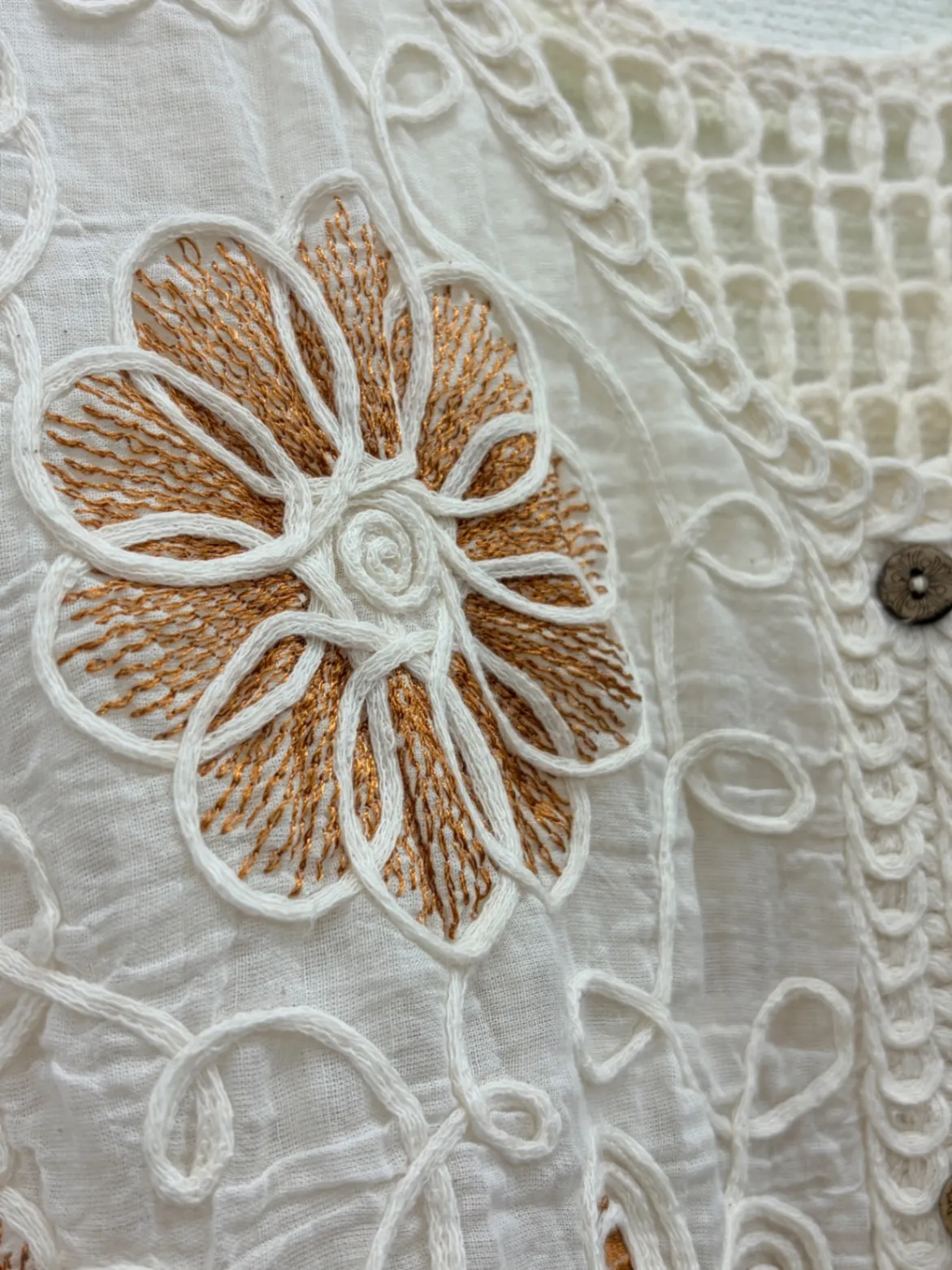 花刺繍×かぎ編みレイヤードベスト ナチュラル系 綿100% M〜L 小さめ