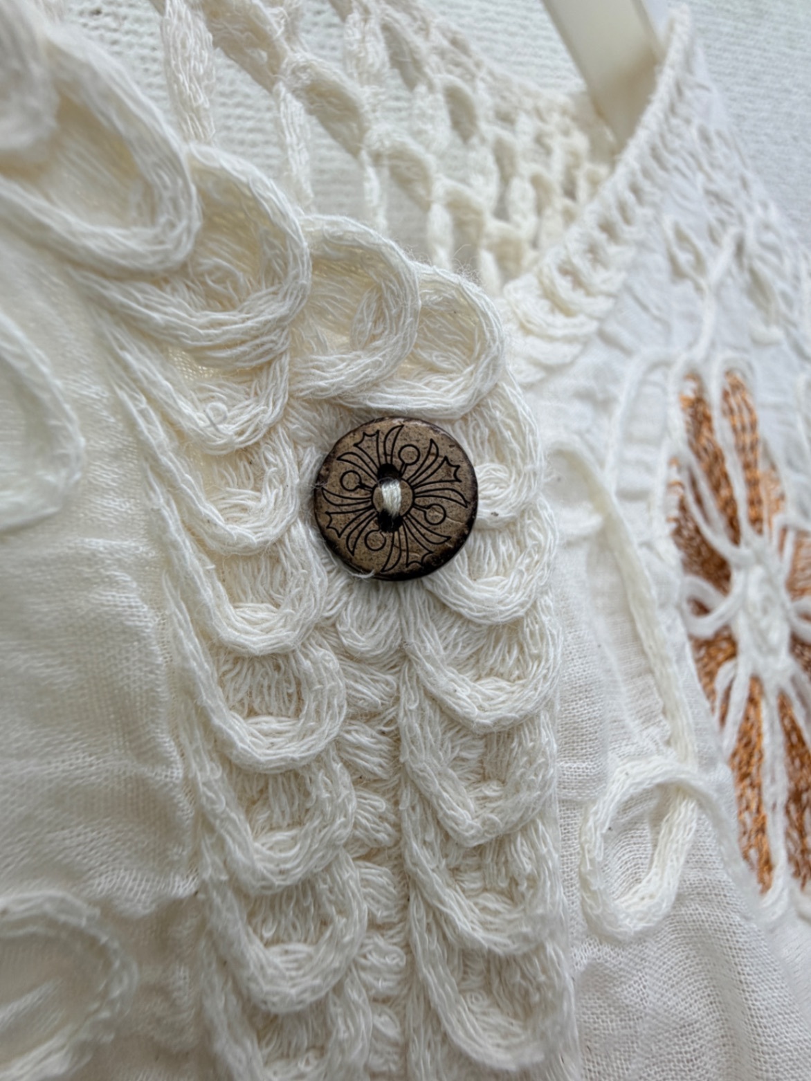 花刺繍×かぎ編みレイヤードベスト ナチュラル系 綿100% M〜L 小さめ