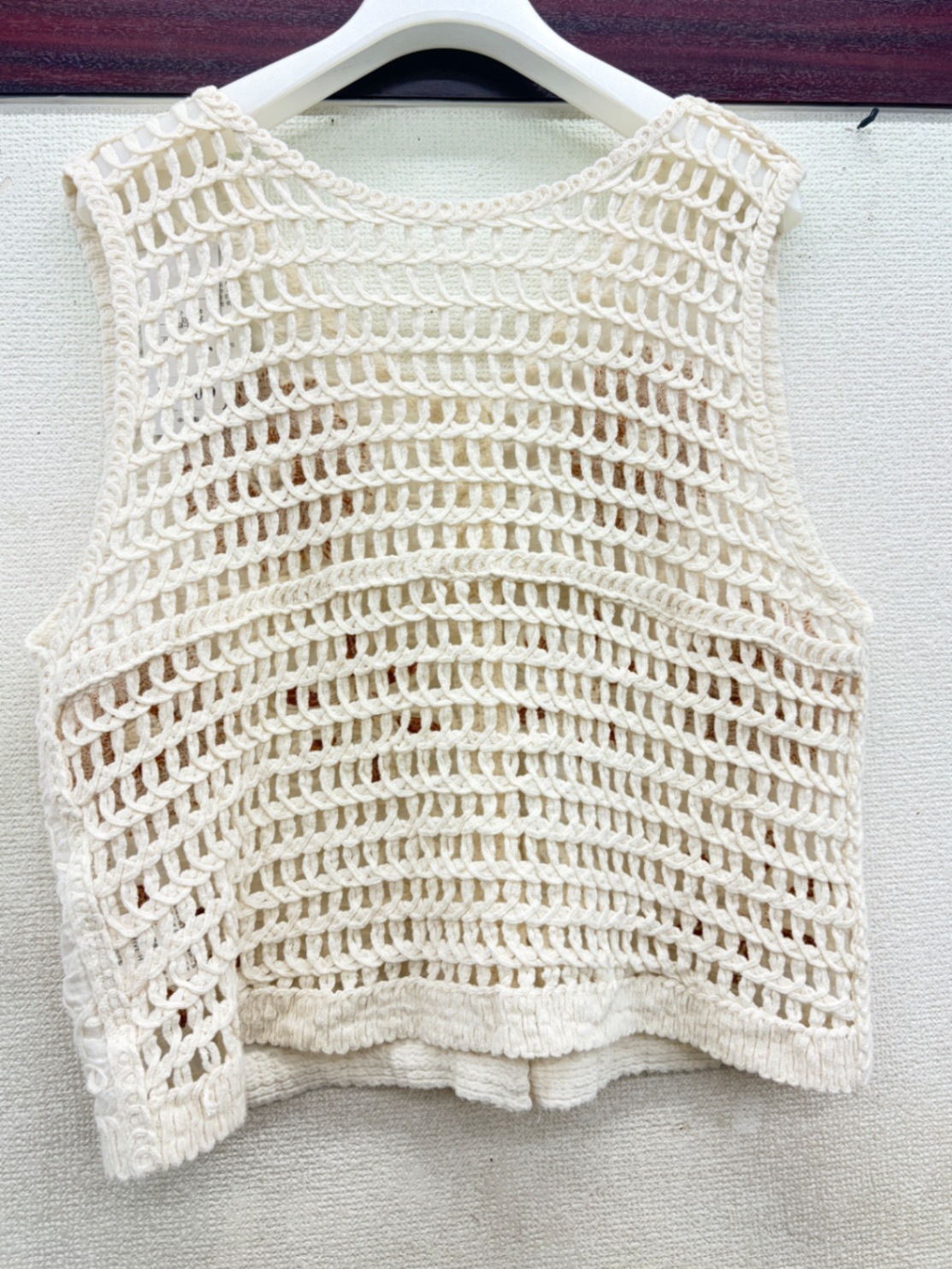 花刺繍×かぎ編みレイヤードベスト ナチュラル系 綿100% M〜L 小さめ