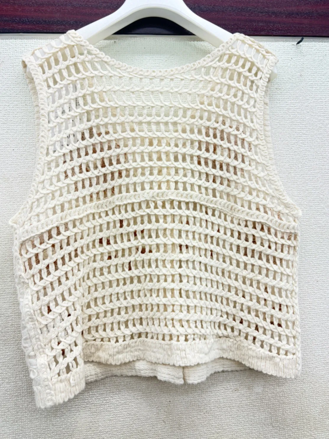 花刺繍×かぎ編みレイヤードベスト ナチュラル系 綿100% M〜L 小さめ