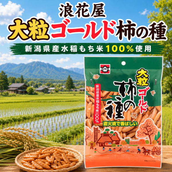 浪花屋 大粒ゴールド柿の種 新潟県産もち米使用 元祖柿の種 80g ピーナッツなし