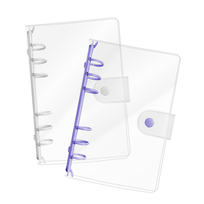 システム手帳 シール帳 カバー A6 バインダー 6穴 クリア ボタン付き 【パープル&ホワイト】