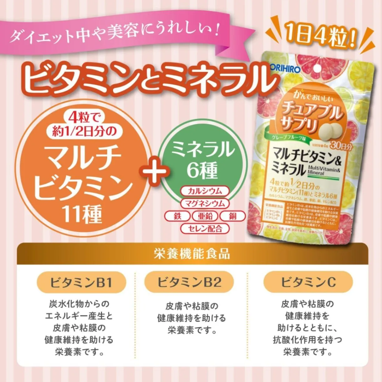 【3種セットB 】かんでおいしい チュアブルサプリ（カルシウム／鉄／マルチビタミン）各60粒