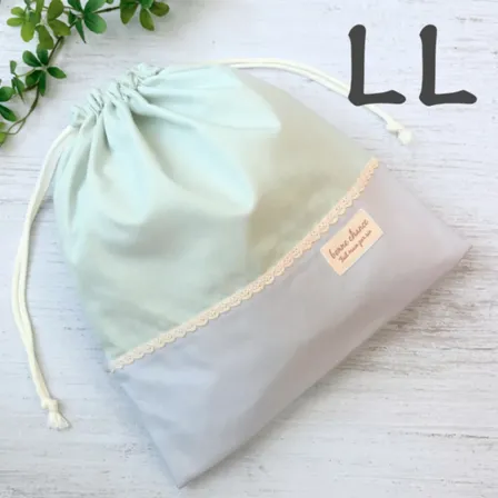 国産紀州オックスの巾着袋（LLサイズ）｜オパールグリーン&スカイグレイ｜お着替え袋・体操着入れ