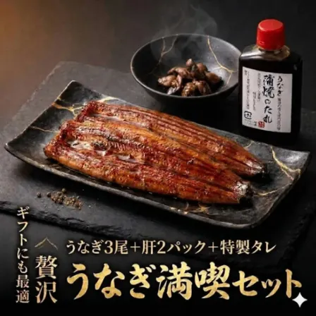 【満喫セット】 浜名湖産うなぎ蒲焼3尾＋肝2パック＋タレ 無添加 土用の丑の日