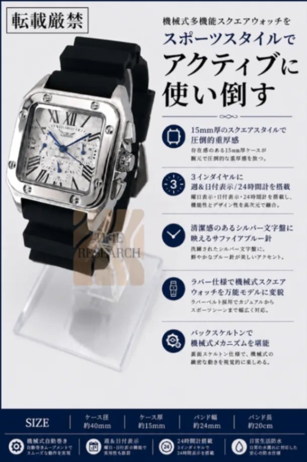 【重厚な機械式多機能スクエアウォッチをラバー仕様で万能モデルに/新品】裏スケ ①