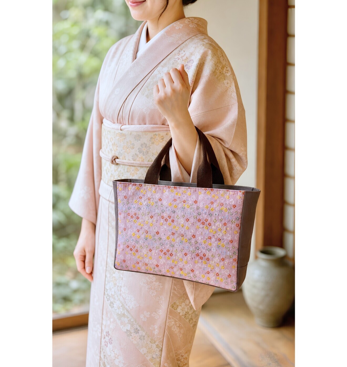 西陣織金襴の横長トートバッグ｜小花柄ピンク×ブラウン帆布｜大人可愛い和柄バッグ