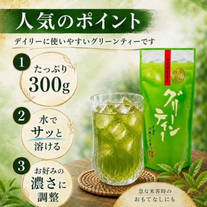 🍵【大容量300g】伊藤久右衛門 宇治抹茶グリーンティー 袋入 混ぜるだけ本格抹茶 ３袋 送料無料