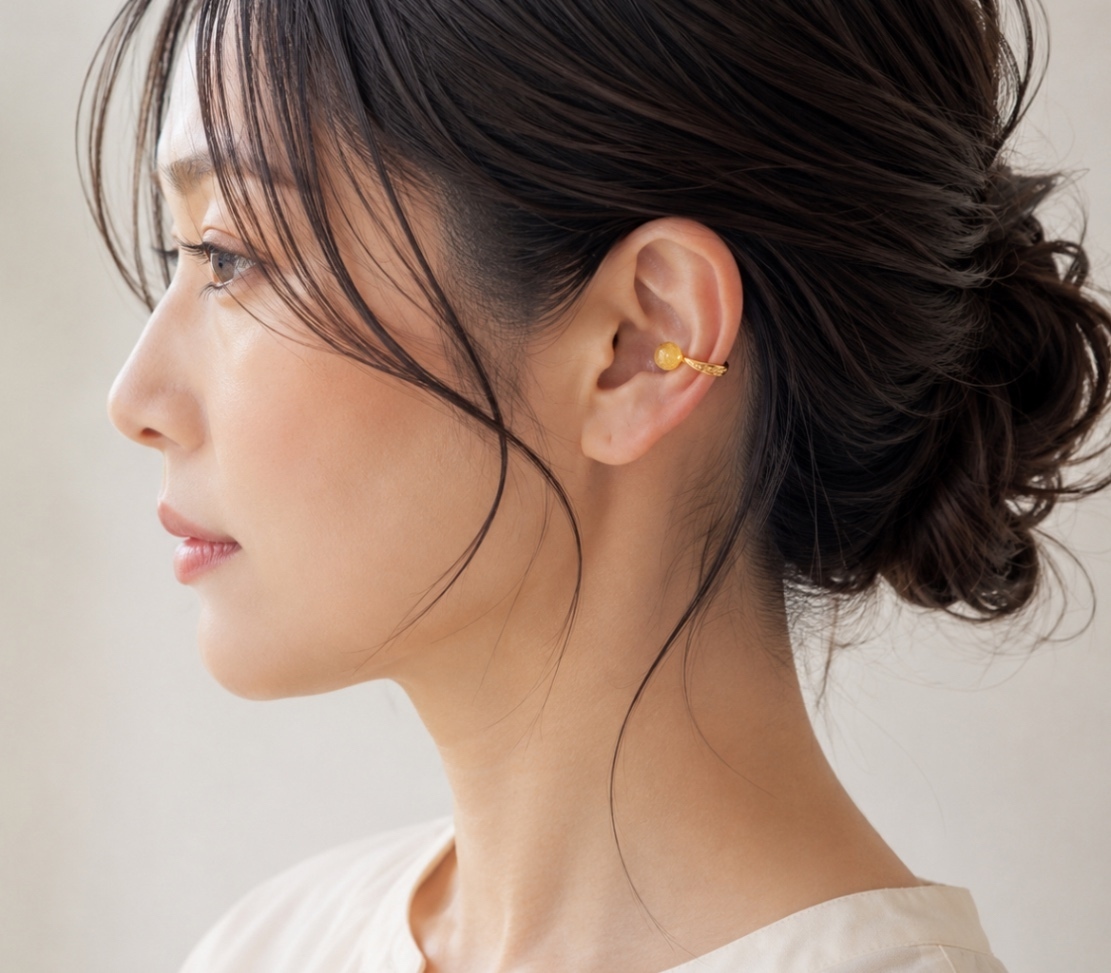  オープン記念　7月誕生石 ハニーシトリン 艶々天然石　イヤーカフ 14kgf 選べる2色　ギフト
