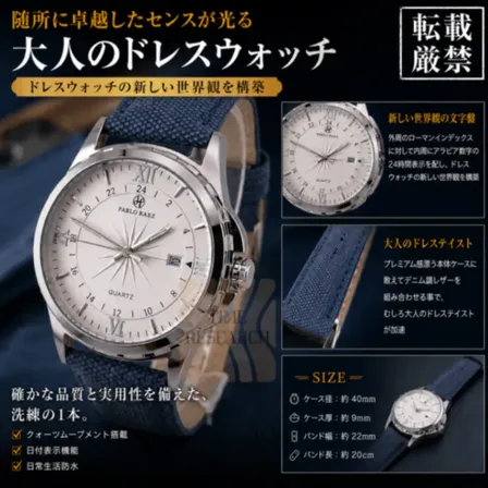 【細部まで拘った大人のドレスウォッチ/新品】24時間表示文字盤 デニム調レザー