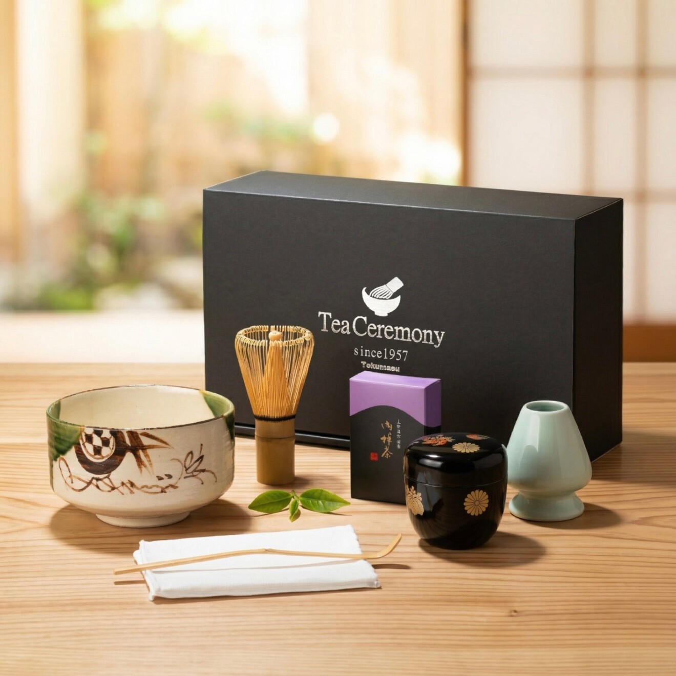 アニメ風茶碗と木製箱セット 抹茶セット7点 無添加 (織部) 京都宇治抹茶と日本製の抹茶茶碗と棗